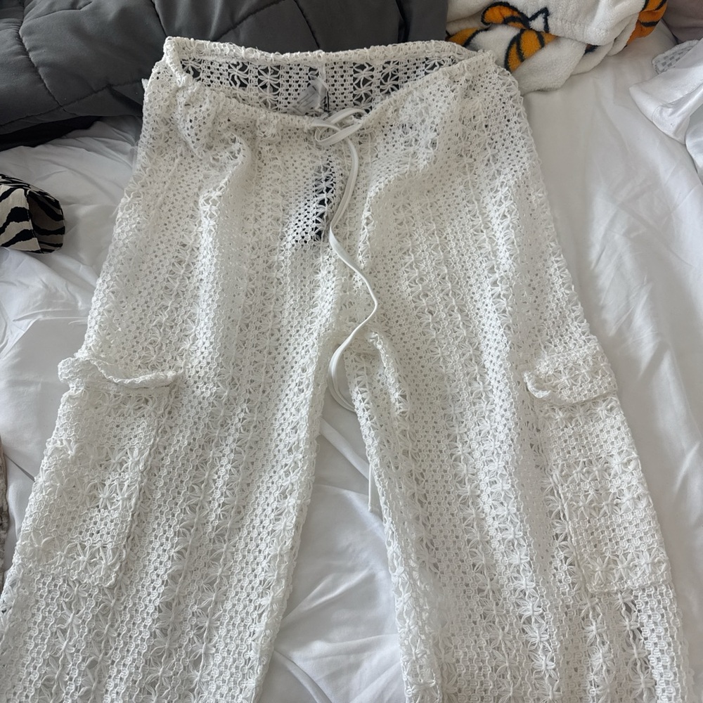 Fashion Nova Ivory Crochet Trousers